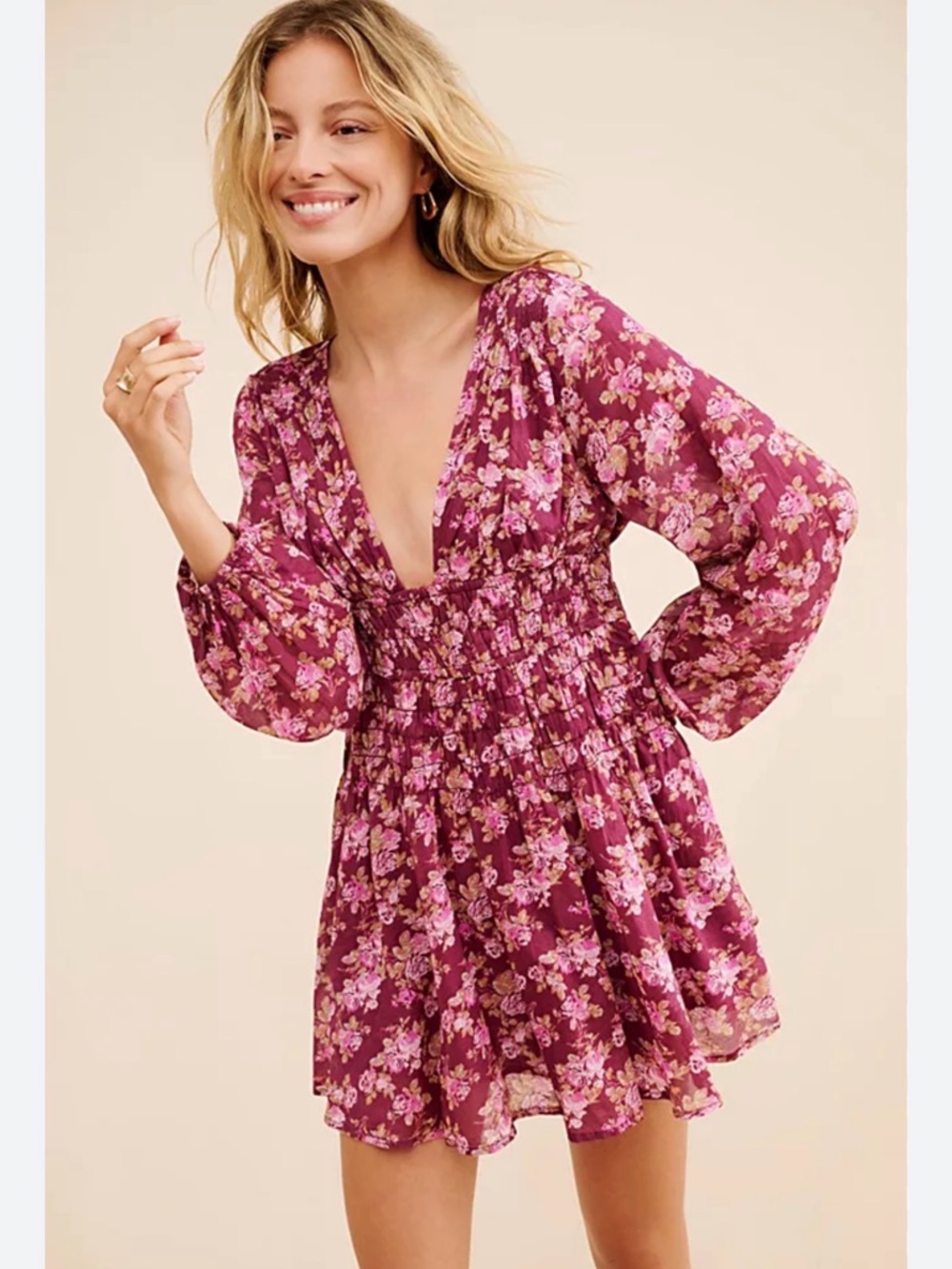 Free People "Keep You" long-sleeve mini dress in a berry floral print S